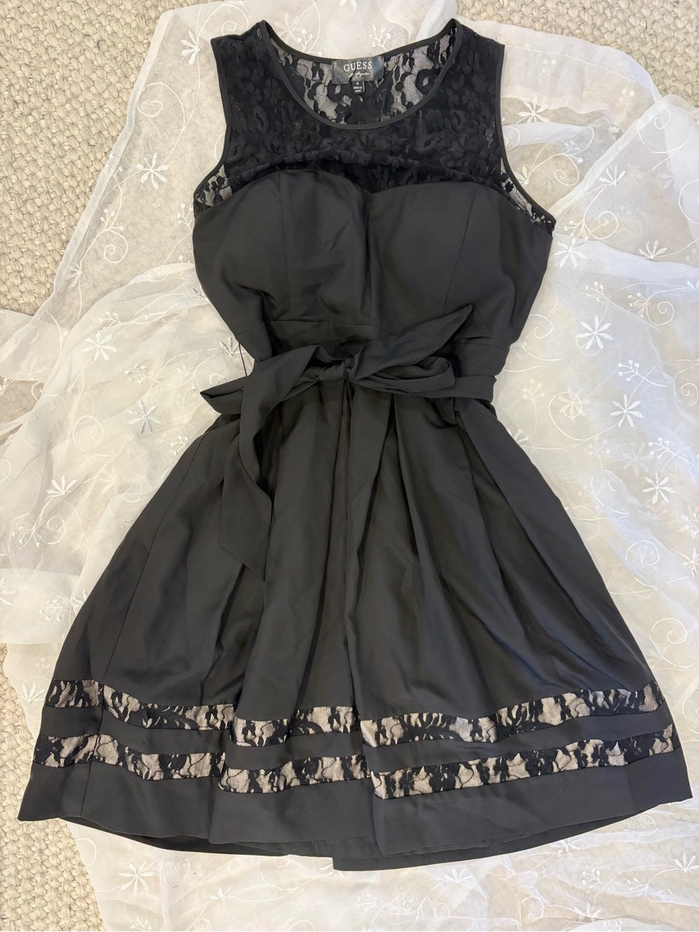 GUESS Black Lace-Trim Fit & Flare Event Dress